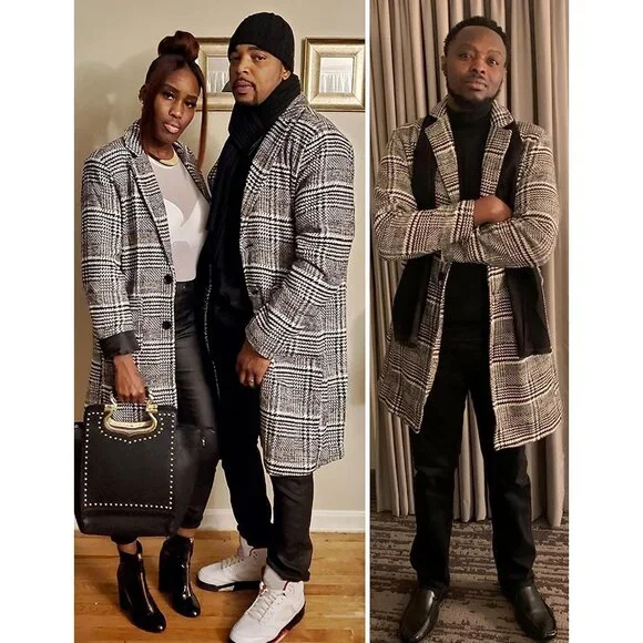 Men's Black And White Wool Blend Pea Coat Warm Winter Trench Coat